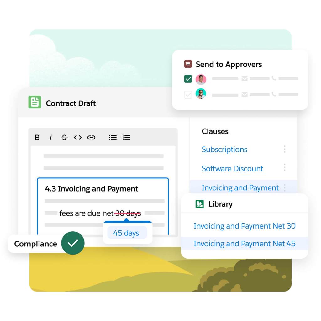 A wondow shows a contract draught with suggestions to change, a compliance icon and an option to send to approver.