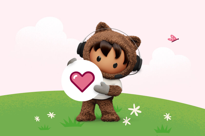 Salesforce mascot Astro standing in a green field, wearing a headset and holding the Service Cloud pink heart logo.