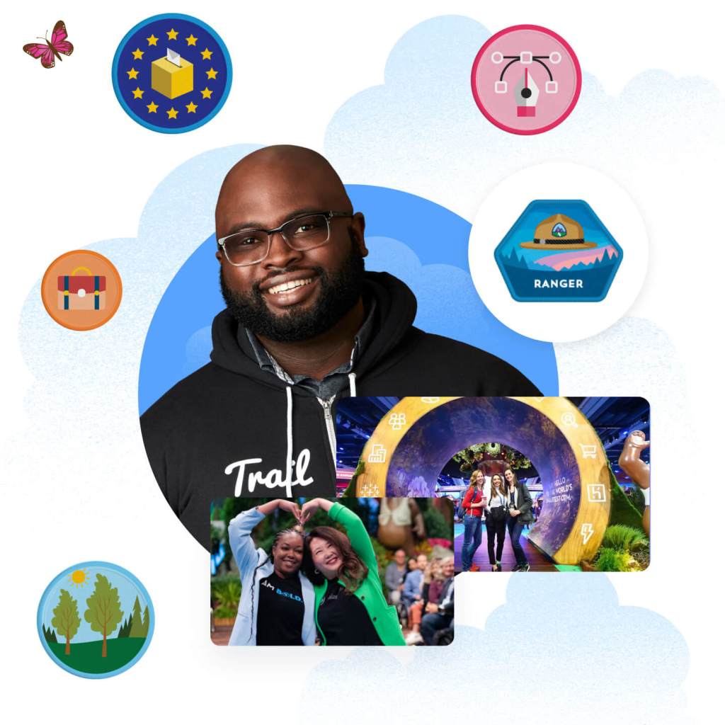 A Trailblazer surrounded by Salesforce ecosystem icons and Salesforce event attendees posing for photos. 