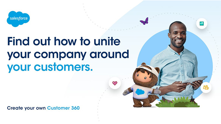 A man holding a tablet next to Astro, with the text "find out how to unite your company around your customers"
