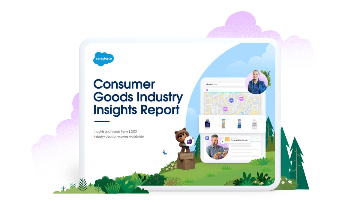 An illustration of a tablet screen featuring the Consumer Goods Industry Insight Report.