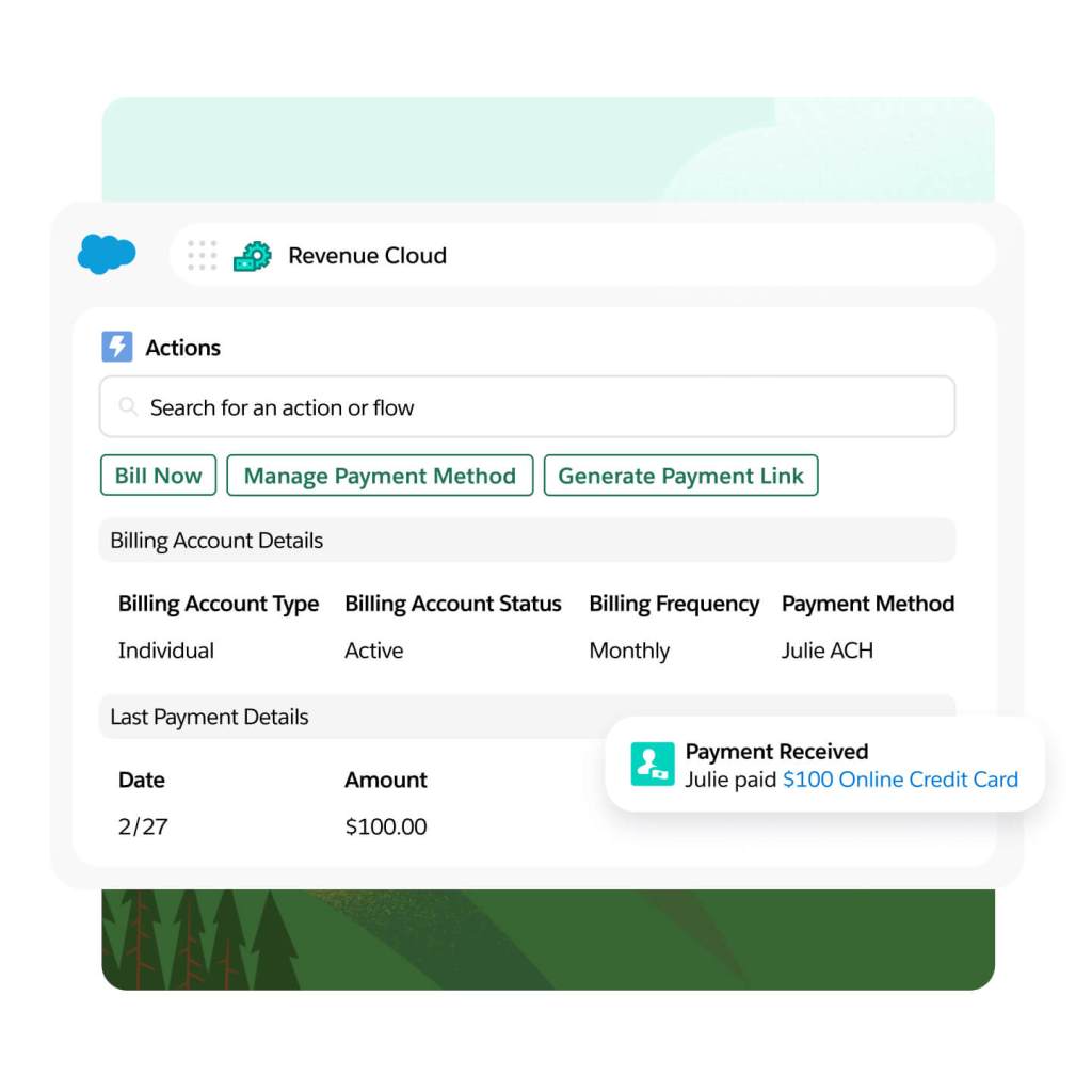 An action window has a search function, options to bill now, manage payment method and generate payment link.