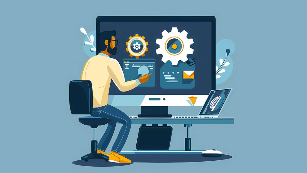 A man sitting in front of a computer on which different automation icons can be seen.