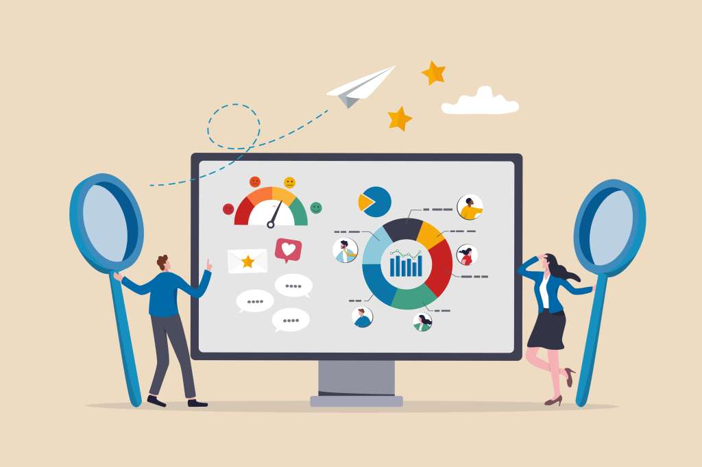 Business people working on CRM software with information.