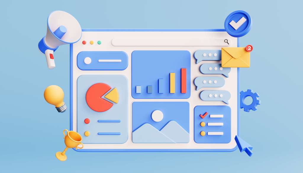Digital marketing concept with icons, social network and media symbols.