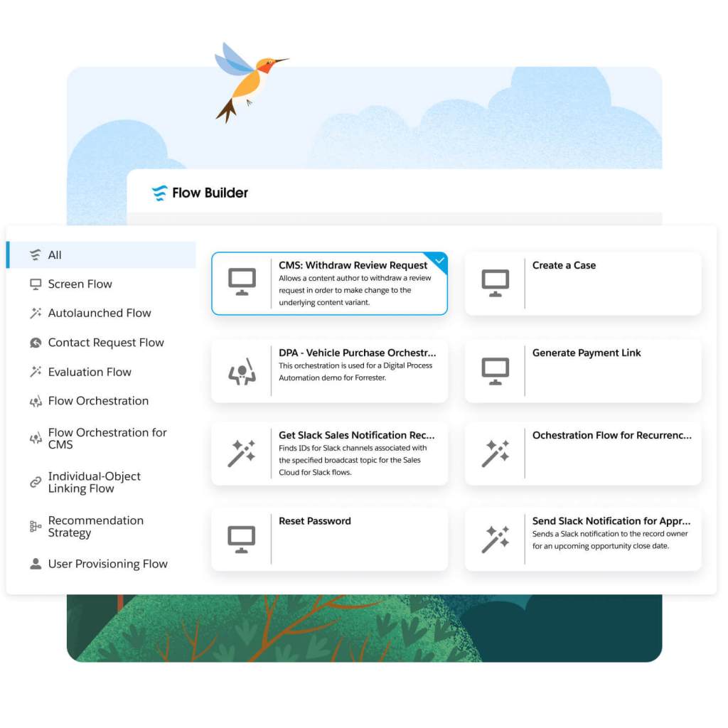 A graphic showing the library of customisable industry-specific, pre-built templates within Flow Builder.