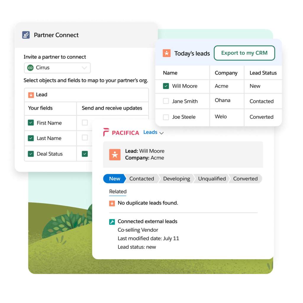Windows show a Partner Connect screen with dropdown to choose partner, CRM lead export, and lead leads based on company.