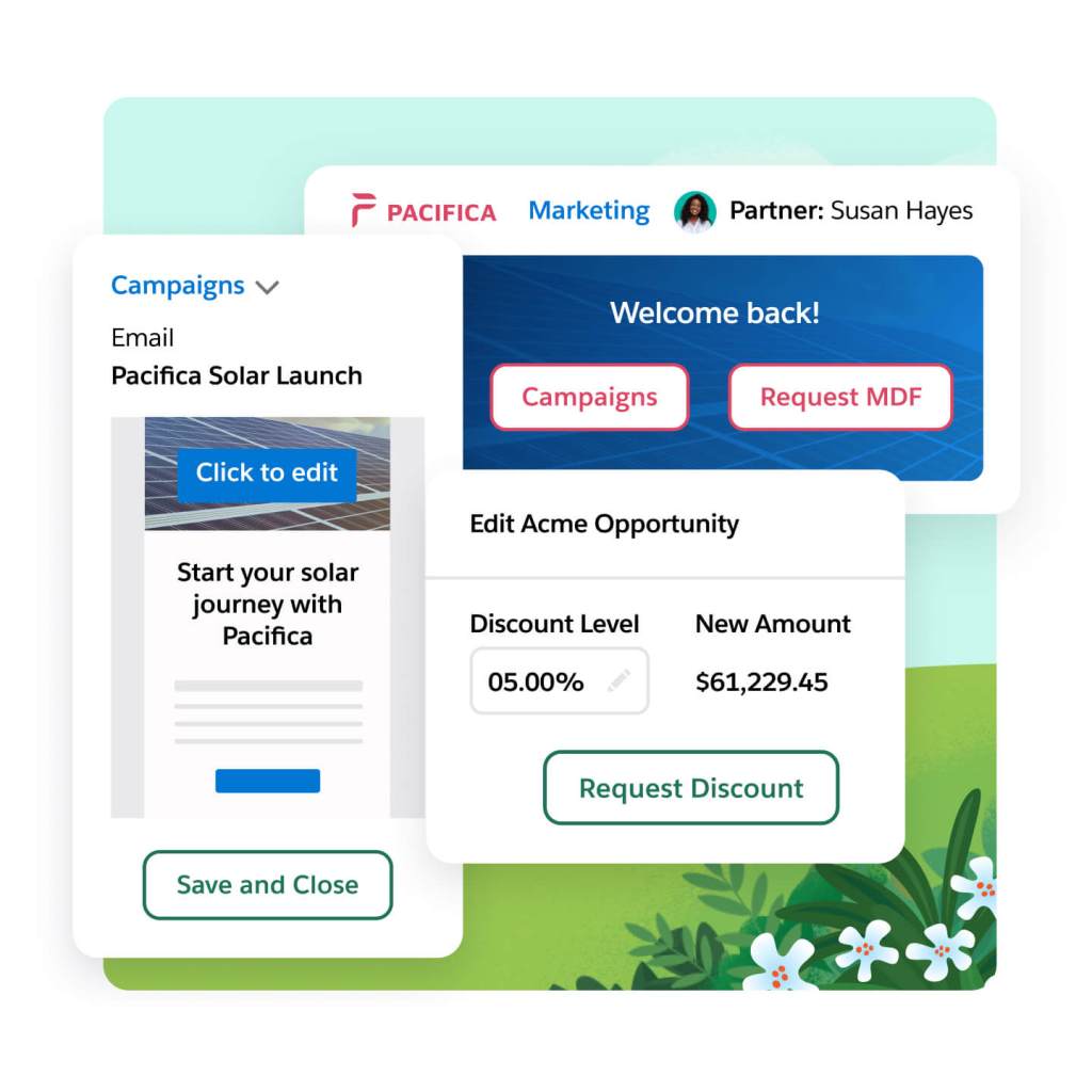 A partner's marketing hub has campaign and request mdf options and windows show campaign message info and email templates. 