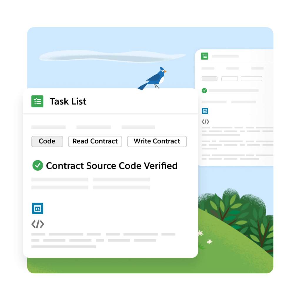 Task list window with Code, Read Contract, and Write Contract tabs. A checkmark is next to a title in the middle of the window.