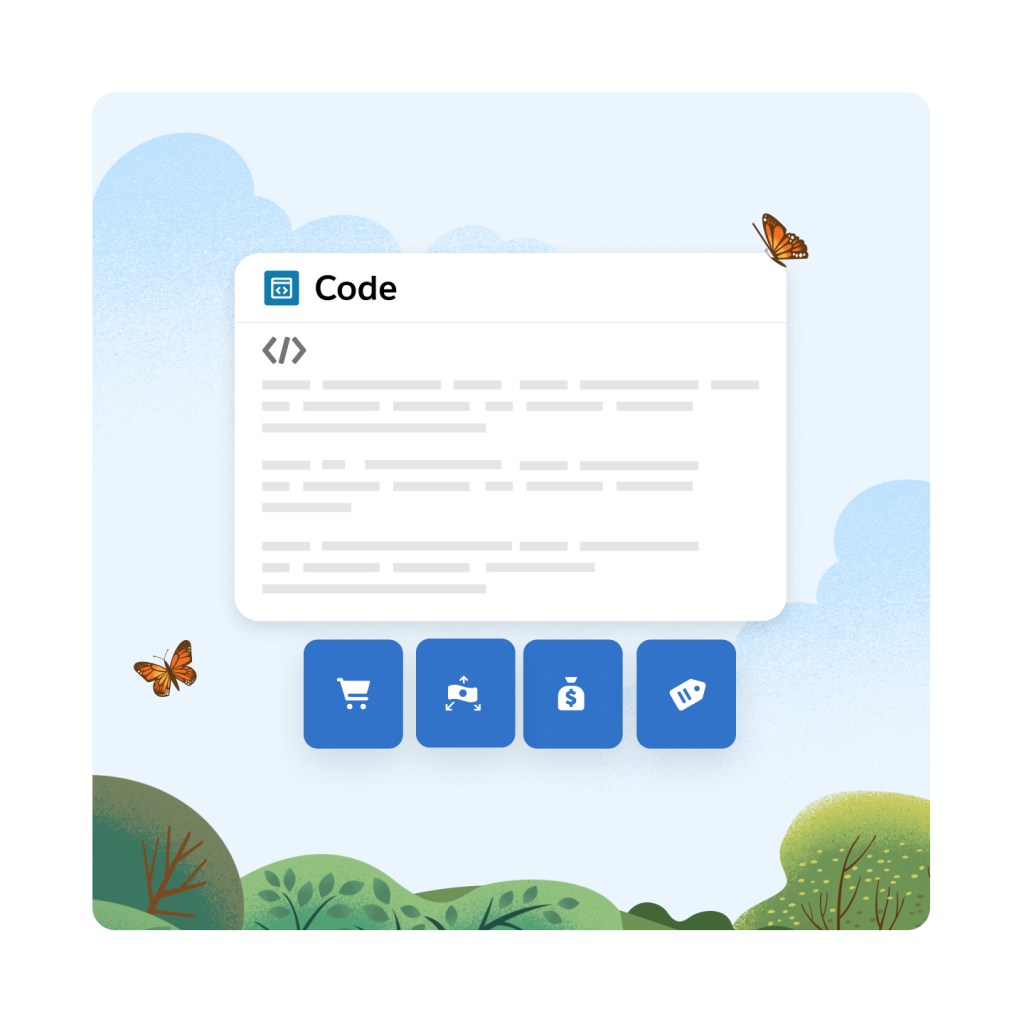 A Code window is front and center with contents greyed out. Below are four icons in blue boxes with arrows point up and down. Icons are a shopping cart, a dollar bill, a moneybag, and a tag.