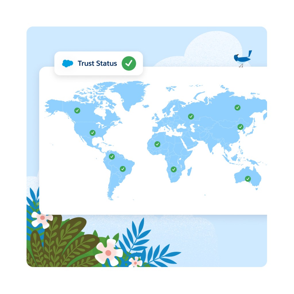 Illustrated blue global map with various pinpoints in different countries. Text reads: Trust Status (Check Mark), 99.9% Historical Uptime.