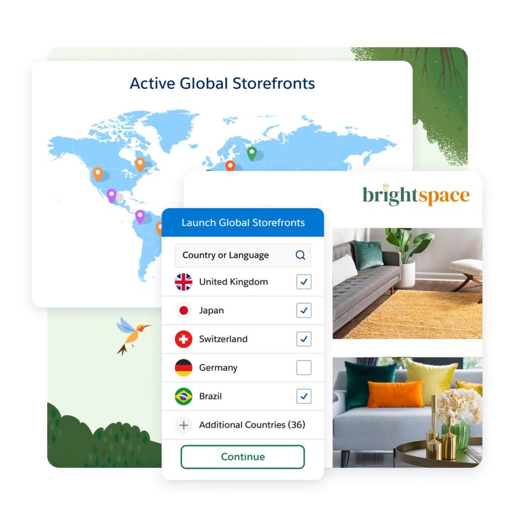 A blue, illustrated world map labeled Active Global Storefronts has pinpoints in different countries.