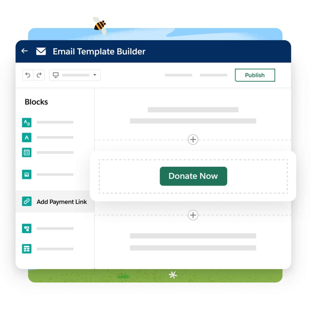 Email Template Builder window with a 'Publish' button at the top.
