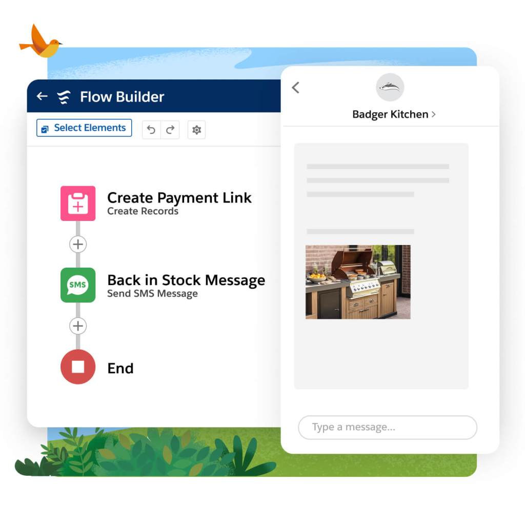 Flow builder screen open with workflow. Smartphone screen with a back-in-stock text message is on the right.