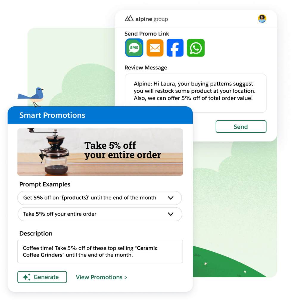 A title reading: Commerce Preferred Channel over an email, SMS, Slack, and phone icon. Pop-out window titled 'Smart Promotions' is below it. Text reads: In simple words, explain what promotion you want to create: 10% off blue puffer jacket.
