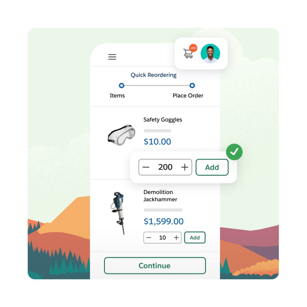 A mobile phone screen shows Quick Reordering. A short flow at the top. Safety Goggles at a discounted price and a Demolition Jackhammer at a discounted price are listed below.