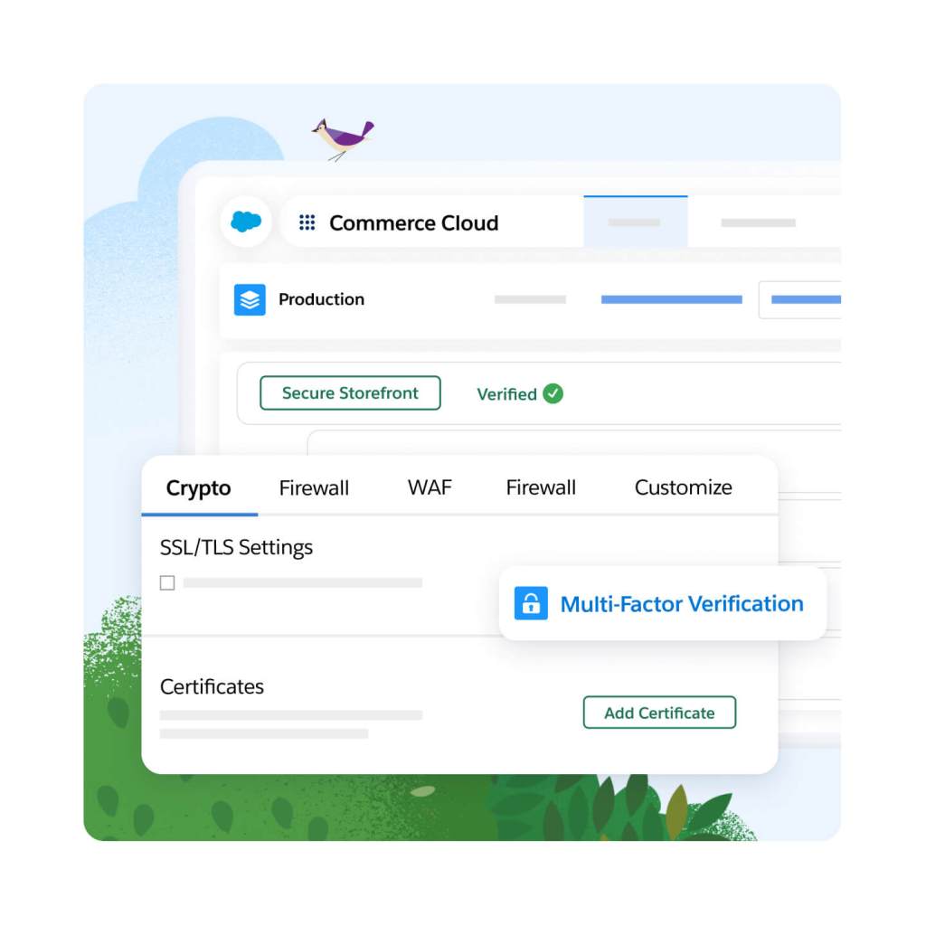 Commerce Cloud Salesforce Dashboard with a Crypto window popping out. Multi-Factor Verification is highlighted in blue.