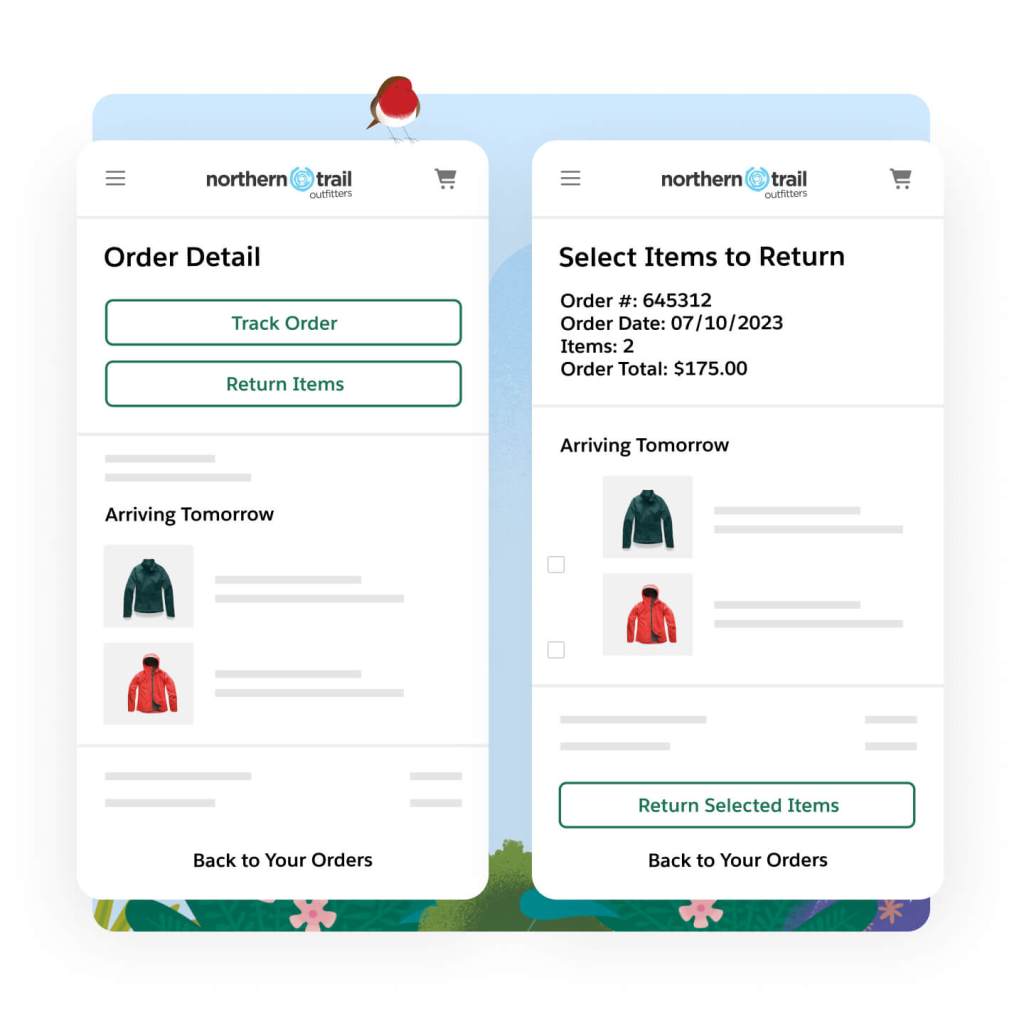 Two mobile phone screens side by side showing the order and the process of return those products