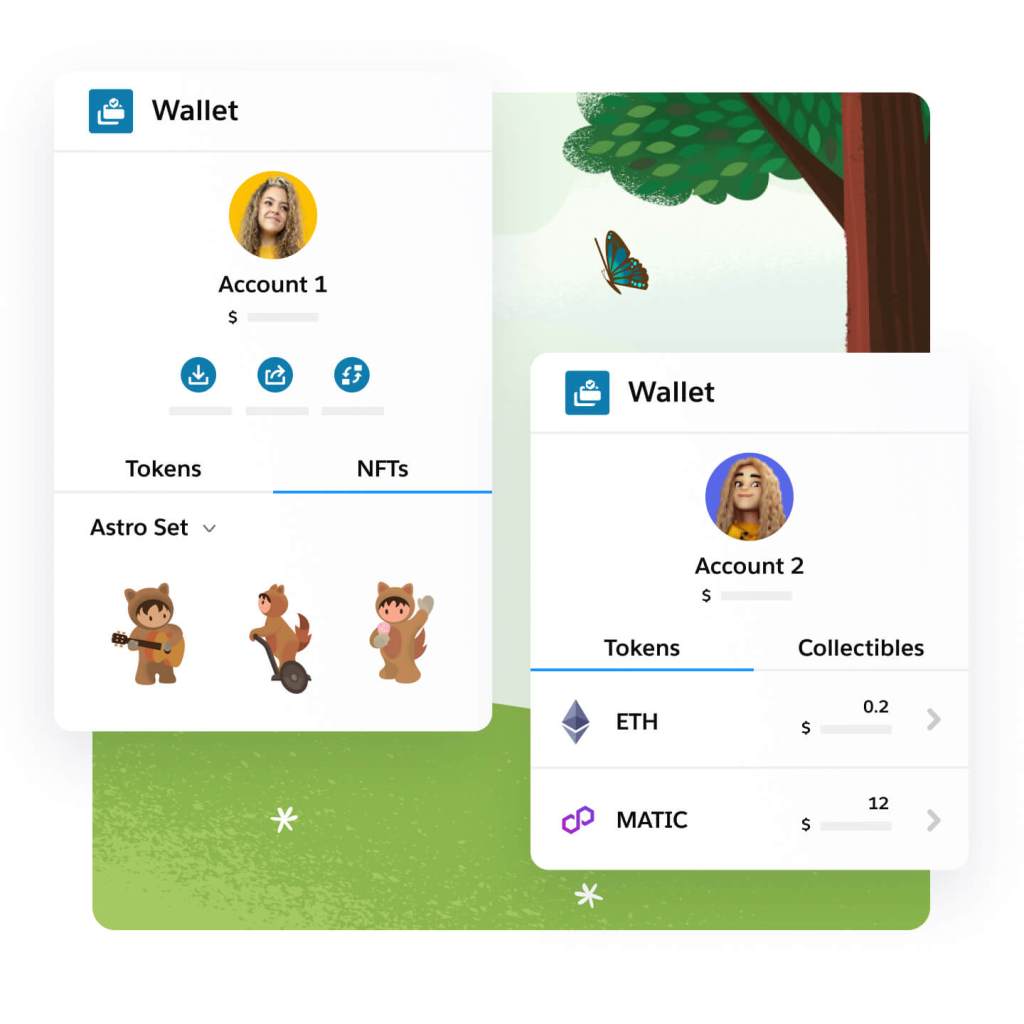 Two NFT wallets, one showing a set of Astro illustrations, the other showing ETH and MATIC tokens, along with collectible values.  