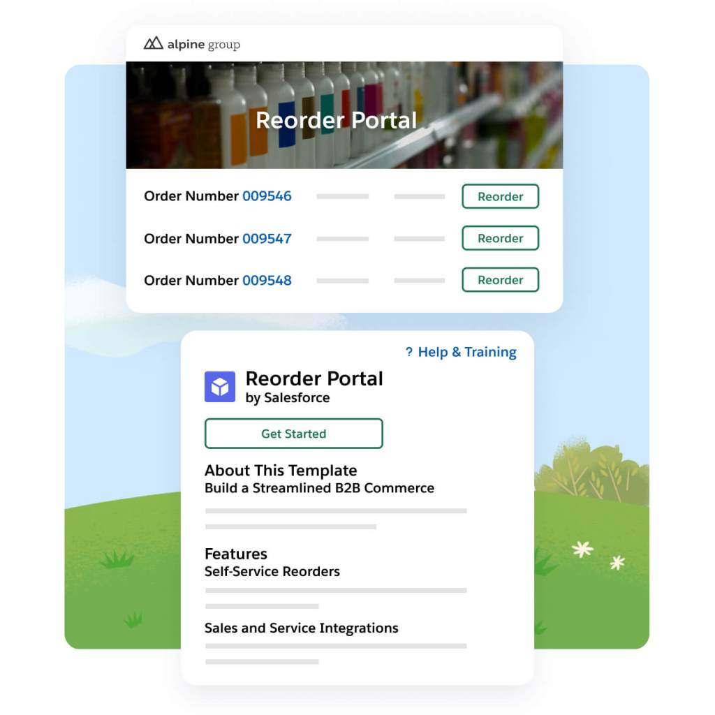 Reorder Portal window open showing three order numbers, each with a Reorder CTA button. Below, another Reorder Portal by Salesforce window has three different tabs.