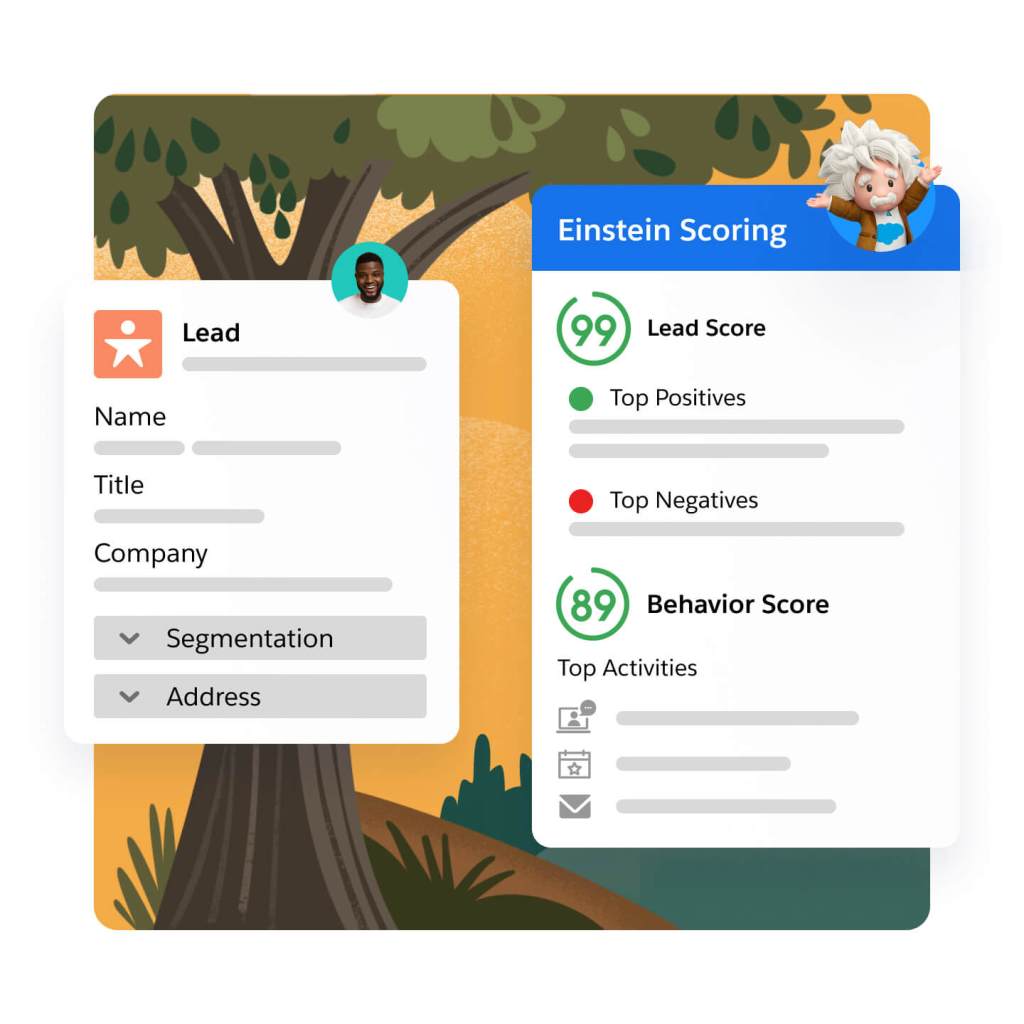 Einstein Scoring interface displaying a prospect's lead and behavioral scoring profile.