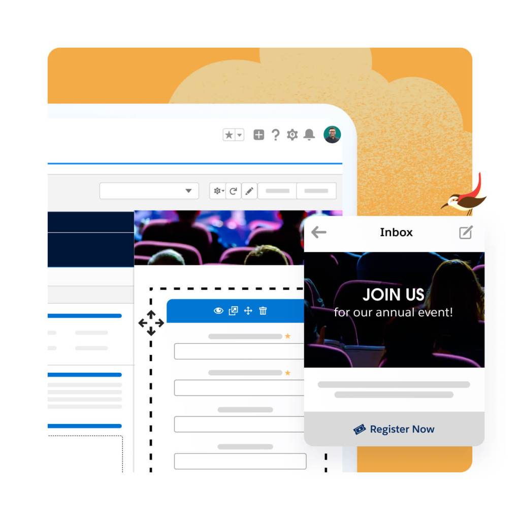 Account Engagement landing page with an inbox form being dragged and dropped onto it. 