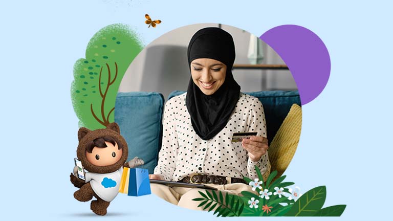 Happy woman shopping online.