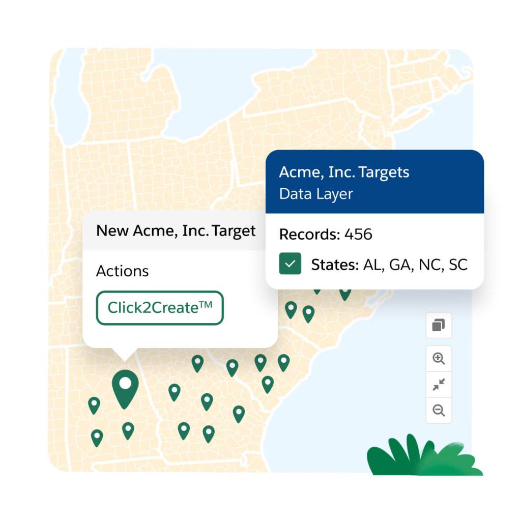 Markers on a map show new data points that can be easily added to an organisation's CRM.