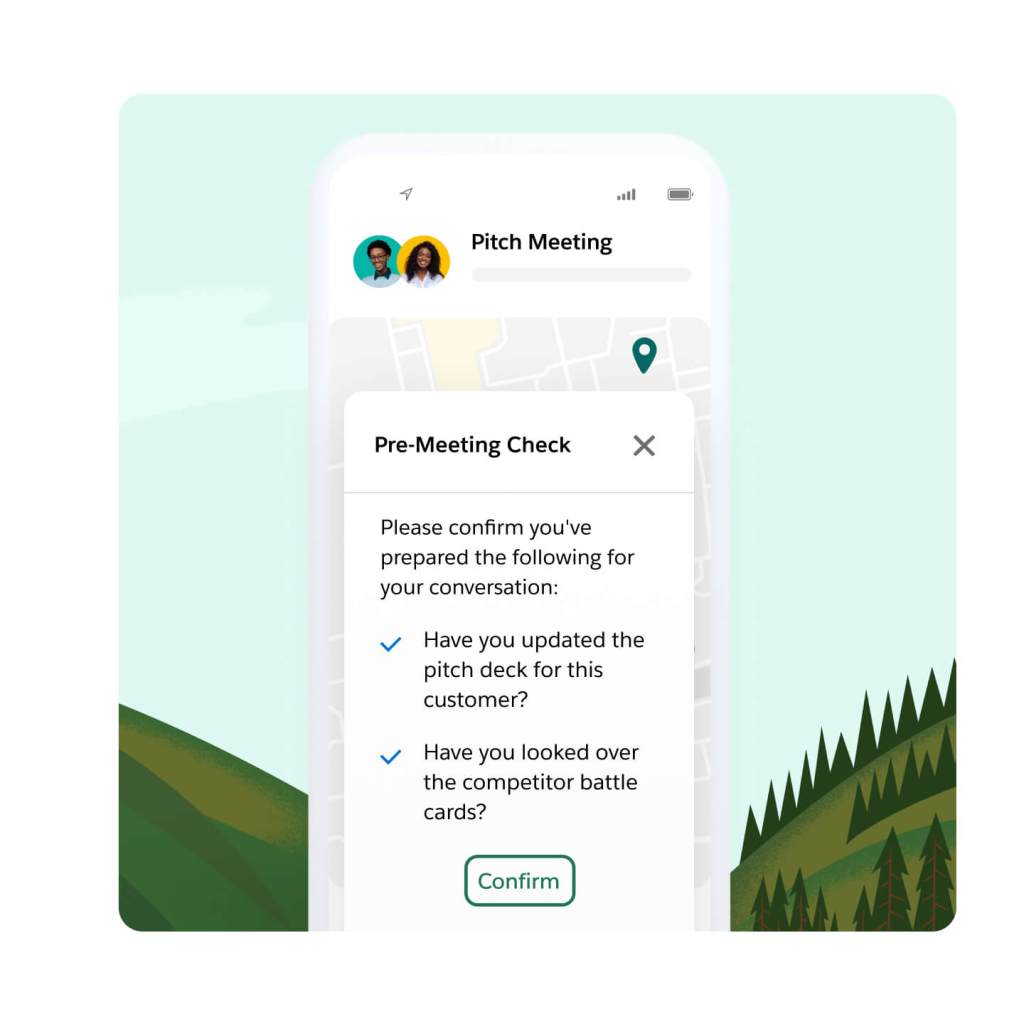 A Maps window has a pop out for a pre-meeting checklist with of tasks to prepare for the meeting and a button to confirm. 