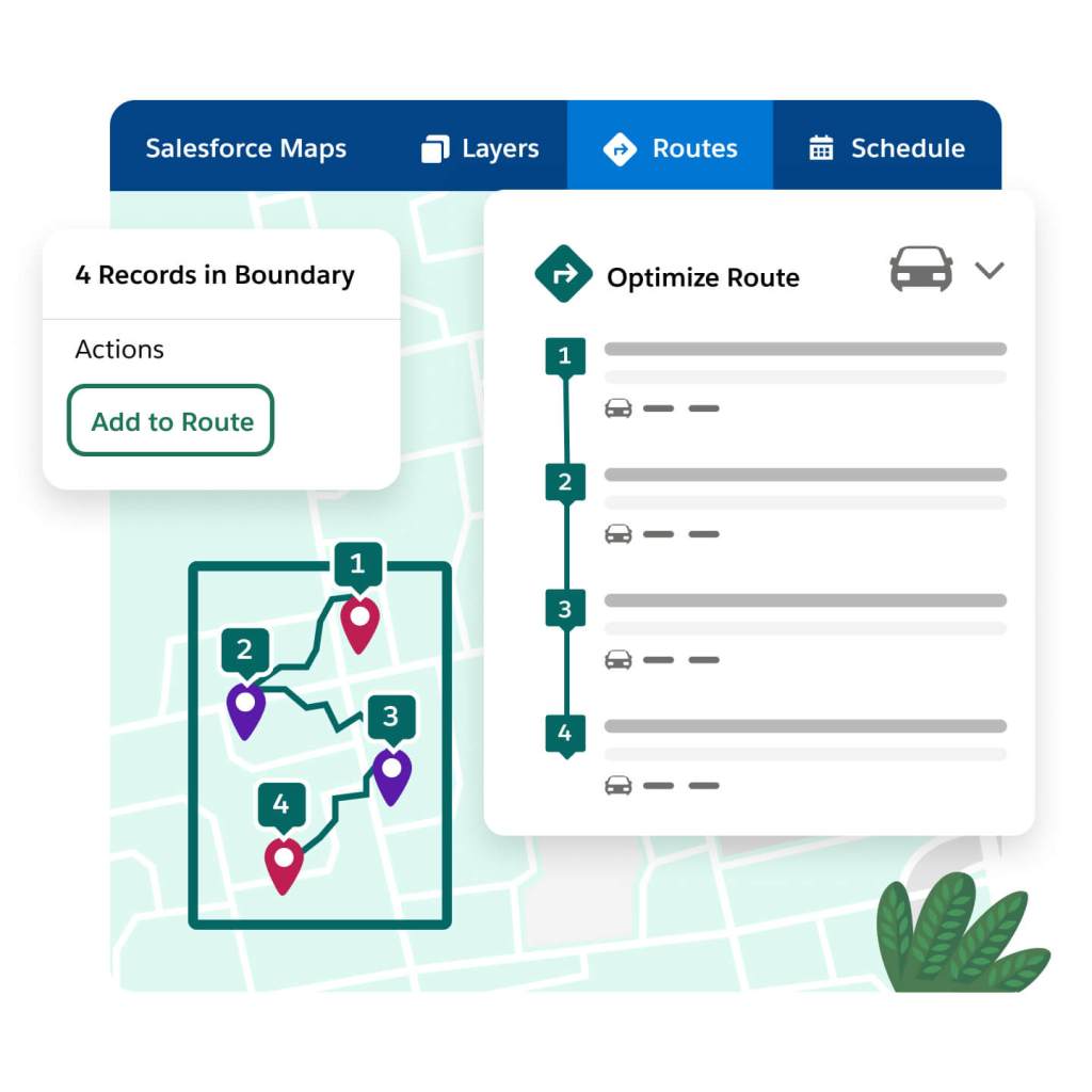 Markers on a map show the route to clients, with an option to add to route and a pop out with an optimised route.