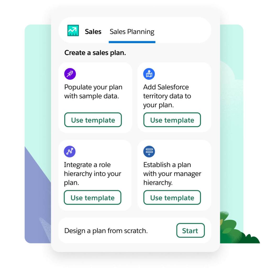 A sales planning window gives options to start a sales plan with template options or start a plan from scratch. 
