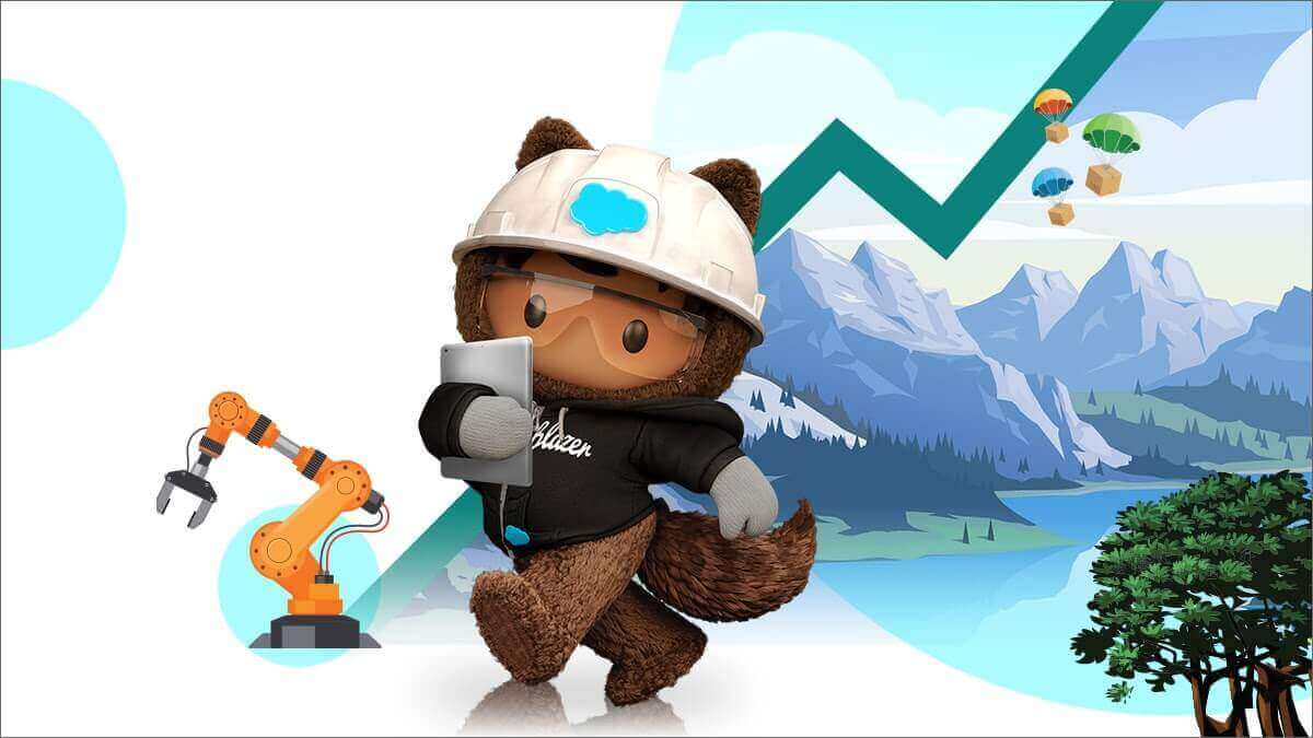 Astro wearing a helmet with the Salesforce logo, with a beautiful landscape on the background.
