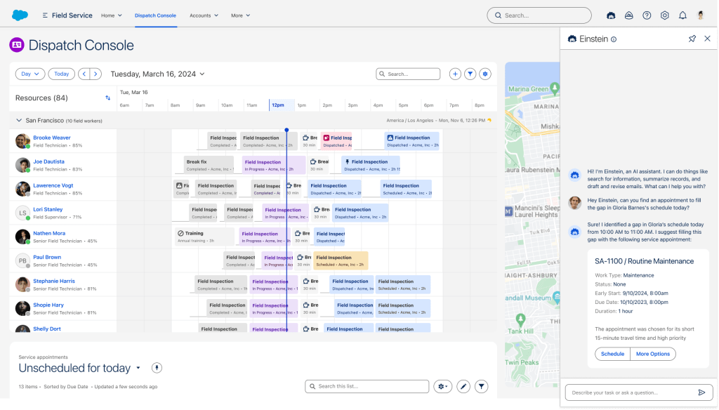 Agentforce for Dispatchers empowers dispatchers to easily identify risks and adjust appointments using a conversational interface.
