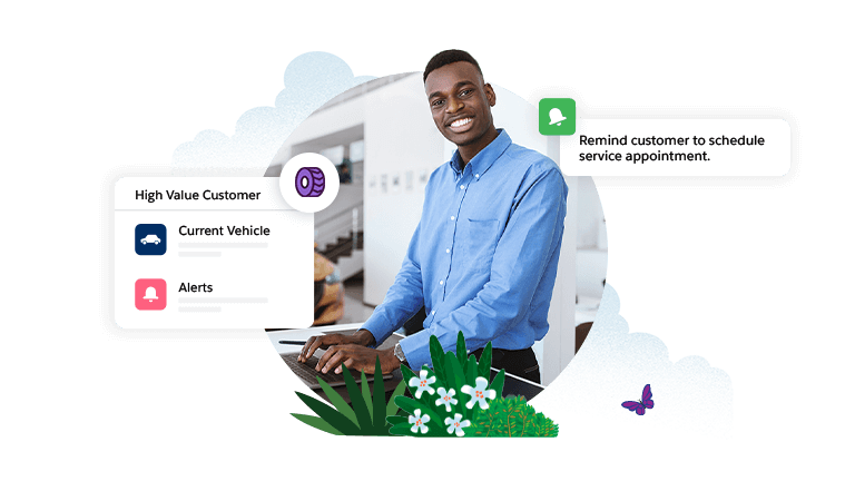 Photo of a man in business casual using a laptop. two boxes on either side of the image feature information like "high value customer" "schedule service reminder" and other alerts