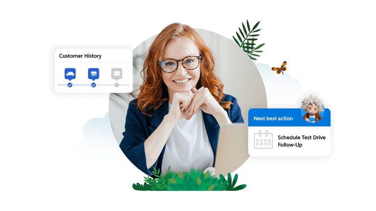 Woman smiling to camera. Graphic boxes on either side of the image feature customer history and a next best action recommendation.