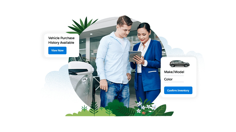 Man at an auto dealership looking at a tablet with a saleswoman. Graphic boxes on either side of the image feature vehicle purchase history and vehicle information.