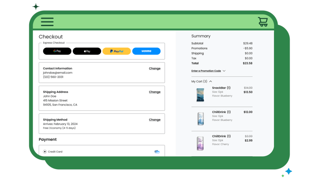 Mobile device screen showing the ecommerce checkout process, with shipping and payment options on screen.