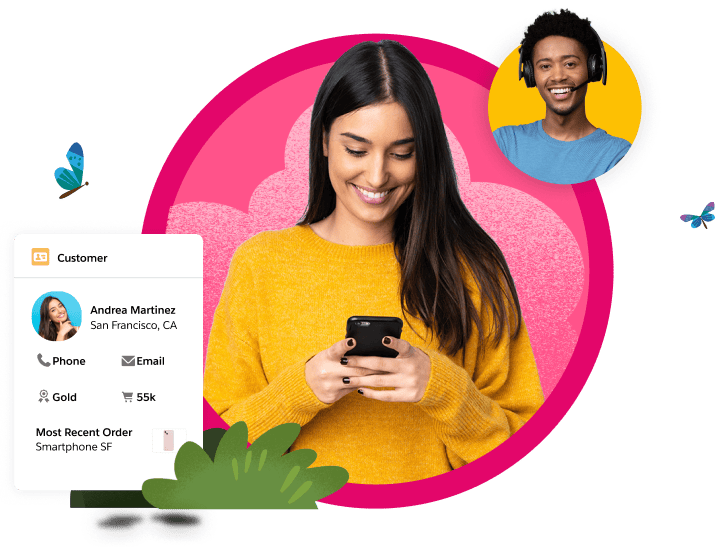 Salesforce contact center CRM software, with windows displaying an in-platform interaction with a customer.