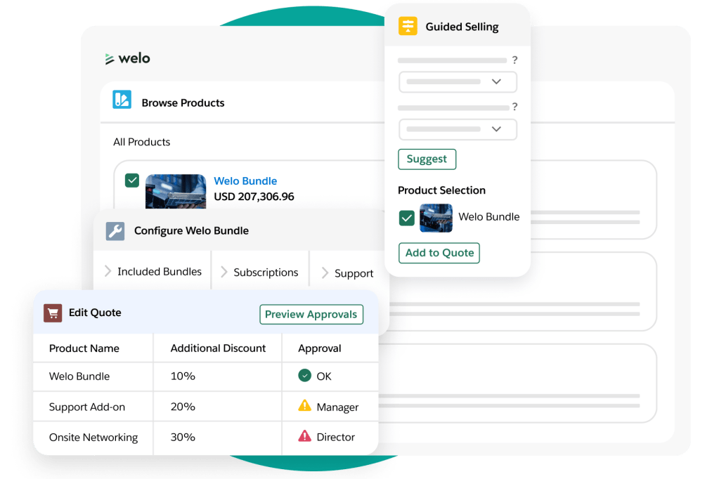 A partner window gives an option to browse products with popouts to edit a quote and preview approvals, and suggest products.