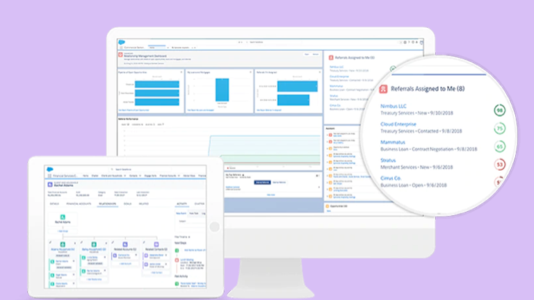 An illustration of a tablet and desktop screens featuring the Customer 360 tool for Financial services.