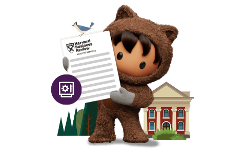 Astro wearing a bear suit holding up a piece of paper that says Harvard Business Review.