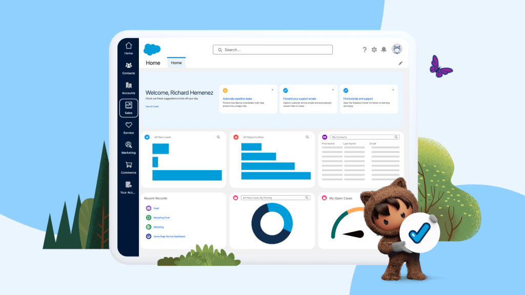 Astro mascot with a Salesforce CRM background screenshot