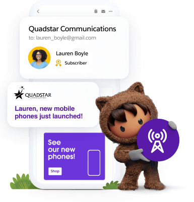 Mobile phone showing an email from Quadstar Communications to subscriber Lauren Boyle saying "Lauren, new mobile phones just launched! See our new phones! Shop.".