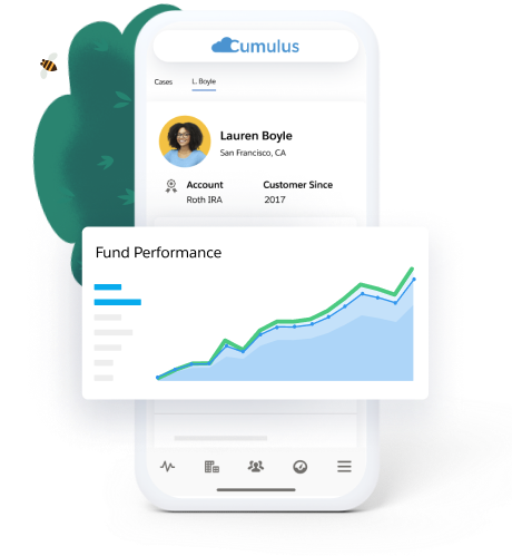 A mobile phone showing a graph for Fund Performance which shows a positive trend.