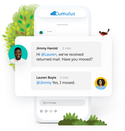 Phone display showing a conversation between two people, with Jimmy Harold saying "Hi Lauren, we've received returned mail. Have you moved?" and Lauren replying "Yes, I have moved".