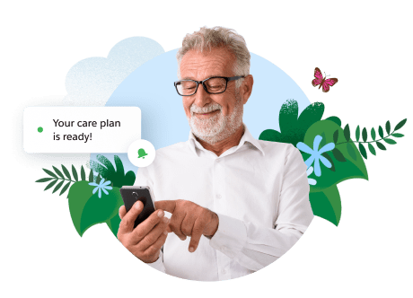Person smiling while using mobile device.