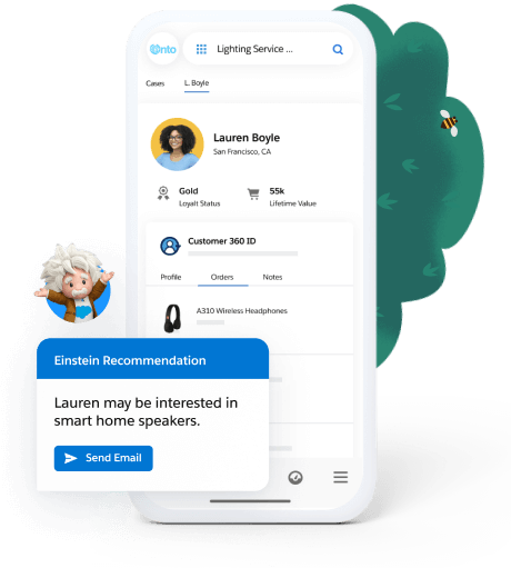 A phone has a notification saying "Einstein Recommendation Lauren may be interested in smart home speakers. Send email."