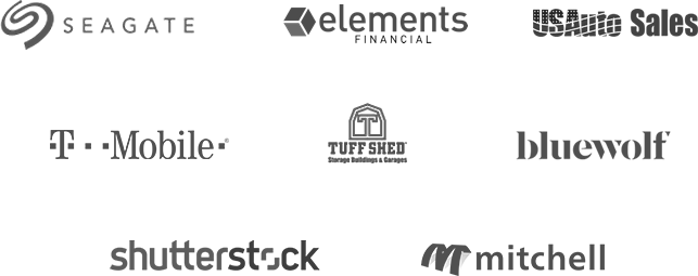 Logos of seagate, elements financial, USAuto Sales, T-mobile, Tuffshed, bluewolf, shuttershock and mitchell.