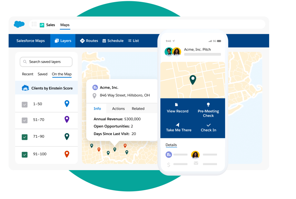 Image shows accounts marked on a map filtered by Einstein Score. A phone focuses on 1 account and relevant actions for users.