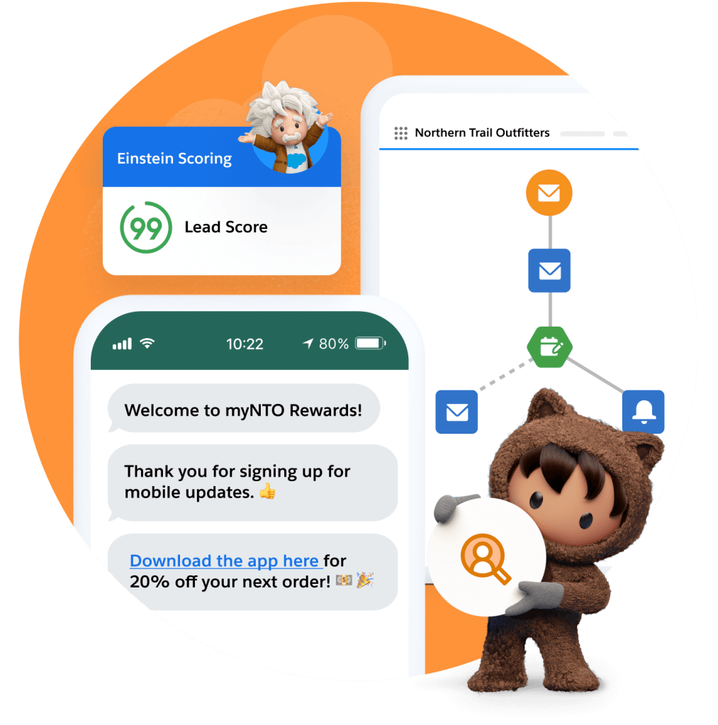 Astro holding a Marketing GPT icon, standing in front of a Marketing Automation interface.